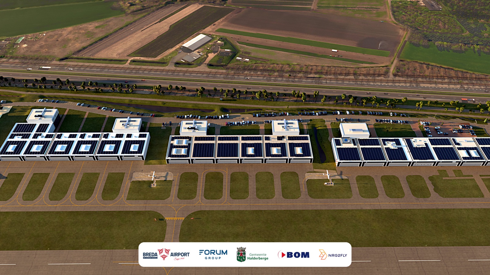 Impression: overview of the airport with solar panels on the hangars